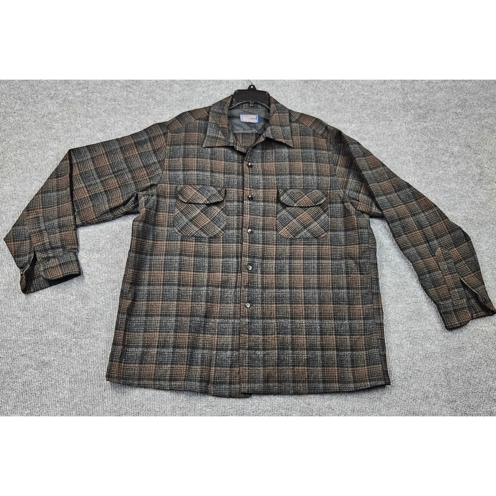 Pendleton Board Shirt Mens XL Brown Grey Plaid 100% Virgin Wool Flannel Vintage